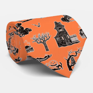 Oranje en Zwarte Vintage Halloween Patroon Stropdas