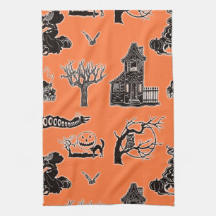 Oranje en Zwarte Vintage Halloween Patroon Theedoek