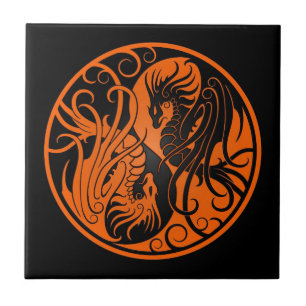 Oranje en zwarte vliegers Yin Yang Dragons Tegeltje
