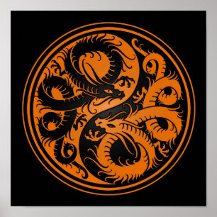 Oranje en zwarte Yin Yang Chinese Dragons Poster
