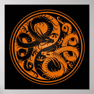 Oranje en zwarte Yin Yang Chinese Dragons Poster