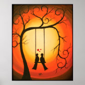 Oranje en zwarte zonsondergang met vogels poster (Voorkant)