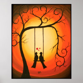 Oranje en zwarte zonsondergang met vogels poster