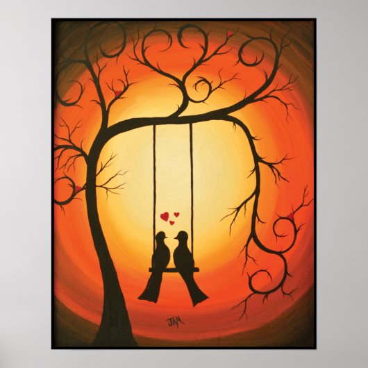 Oranje en zwarte zonsondergang met vogels poster (Voorkant)