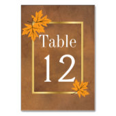 Oranje esdoornbladeren op bruin huwelijkstafelnumm kaart (Achterkant)