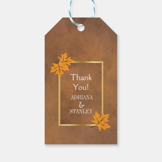 Oranje esdoornbladeren op bruine bruiloft Dank u Cadeaulabel (Achterkant)