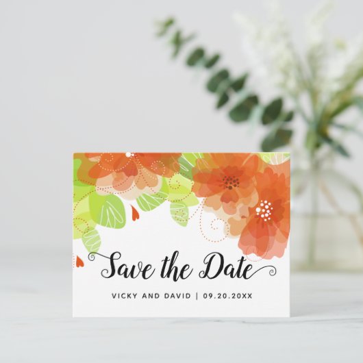 Oranje etherbloemen bruiloft Save the Date Briefkaart (Staand voorkant)