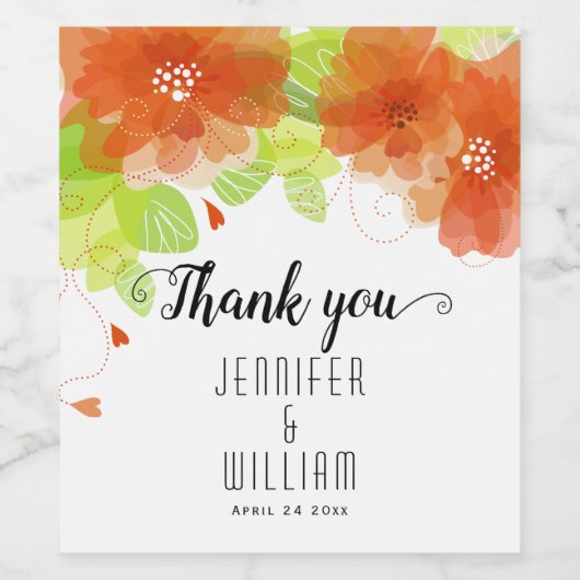 Oranje etherbloemen kalligrafie bruiloft wijn etiket (Enkel label)