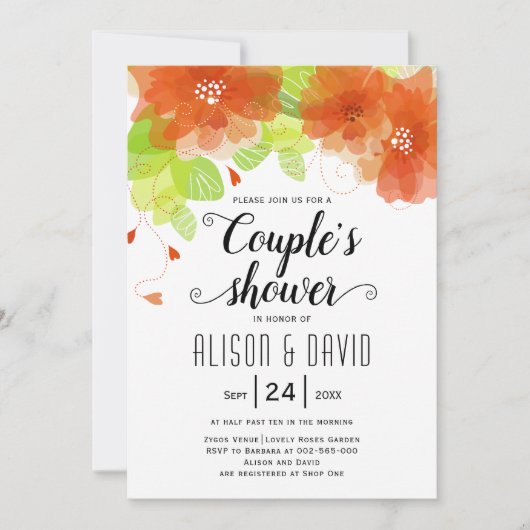 Oranje etherbloemen trouwparen douchen kaart (Voorkant)
