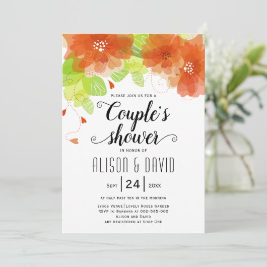 Oranje etherbloemen trouwparen douchen kaart (Staand voorkant)