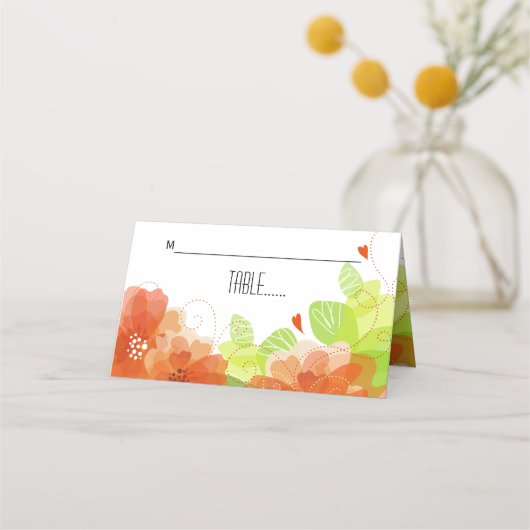Oranje etherische bloemen bloemenbruiloft escort k plaatskaartje (Voorkant)