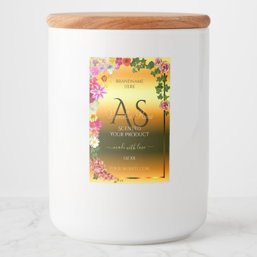 Oranje Etiket Kleurrijke bloemen en Initialen (Voorkant)