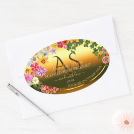 Oranje Etiket Kleurrijke bloemen en Initialen