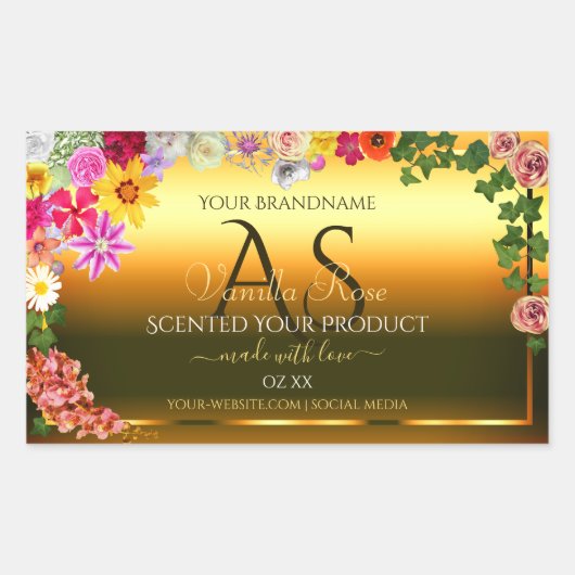 Oranje Etiket Kleurrijke bloemen en Initialen (Voorkant)