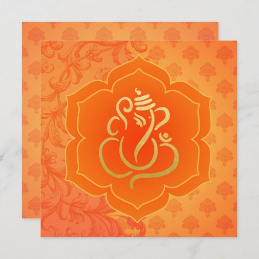 Oranje etnische Damask Gold Ganesh Indiase bruilof Kaart (Voorkant / Achterkant)