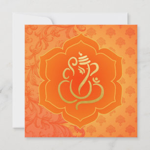 Oranje etnische Damask Gold Ganesh Indiase bruilof Kaart