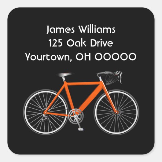 Oranje fiets op zwart vierkante sticker (Voorkant)