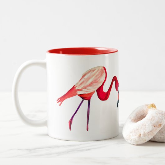 Oranje flamingo waterverf vogelkunst tweekleurige koffiemok (Met donut)