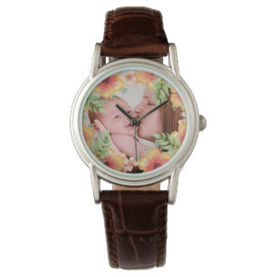 Oranje Floral - Aangepaste foto Horloge