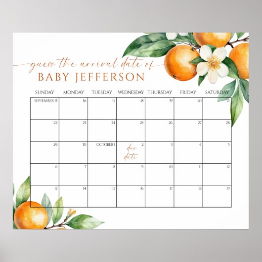 Oranje Floral Baby shower Guess Vervaldatum Kalend Poster (Voorkant)