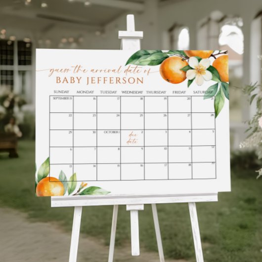 Oranje Floral Baby shower Guess Vervaldatum Kalend Poster