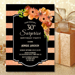 Oranje Floral Black Stripe Surprise 30th Birthday Kaart