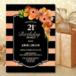 Oranje Floral Black Striped 21st Birthday Dinner Kaart<br><div class="desc">Oranje floral black striped 21 e verjaardag op uitnodiging van een feestje .</div>