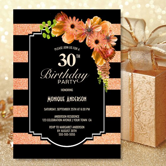 Oranje Floral Black Striped 30th Birthday Kaart