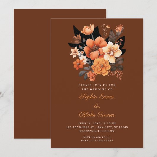  Oranje Floral Bouquet Herfst bruin huwelijk Kaart (Voorkant / Achterkant)