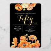 Oranje Floral Elegant Zwart 50ste Verjaardagsfeest Folie Uitnodiging (Voorkant)