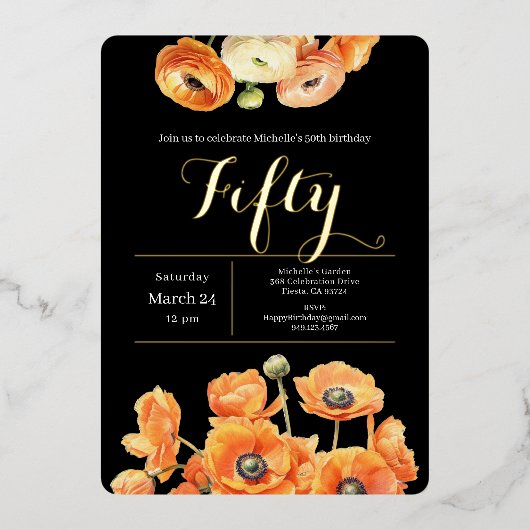 Oranje Floral Elegant Zwart 50ste Verjaardagsfeest Folie Uitnodiging (Voorkant)