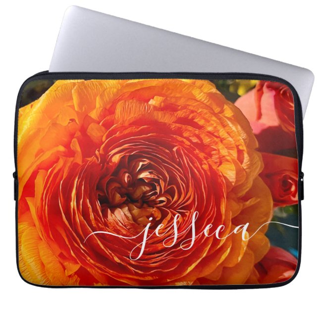 Oranje Floral foto gepersonaliseerd Laptop Sleeve (Voorkant)
