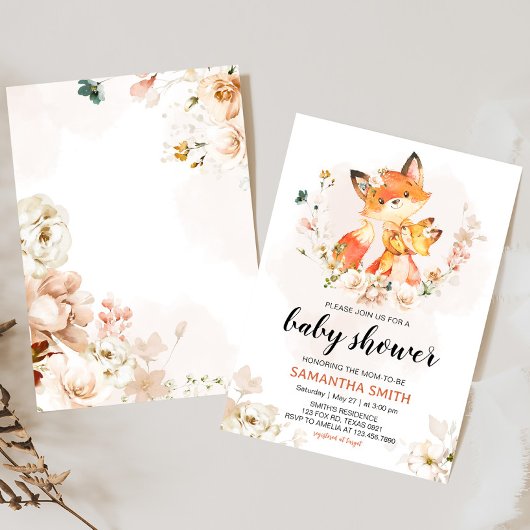 Oranje Floral Fox Baby shower Kaart