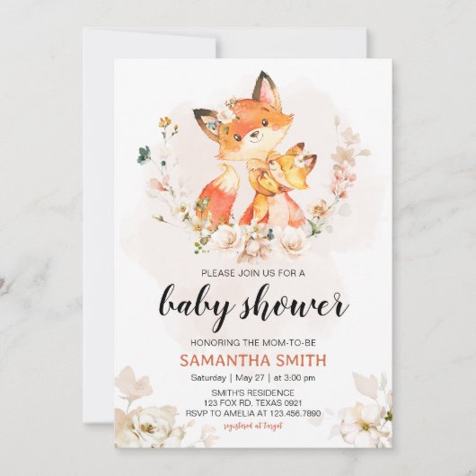 Oranje Floral Fox Baby shower Kaart (Voorkant)