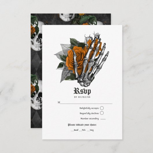 Oranje Floral Gothic Wedding RSVP Kaartje (Voorkant / Achterkant)