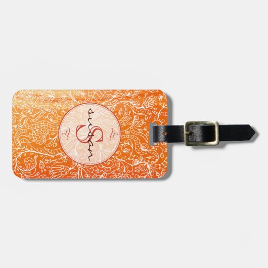 Oranje Floral Line Art Custom Monogram Bag Labels (Voorkant horizontaal)