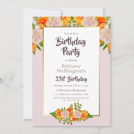 Oranje Floral Pink 21e verjaardag Kaart (Voorkant)