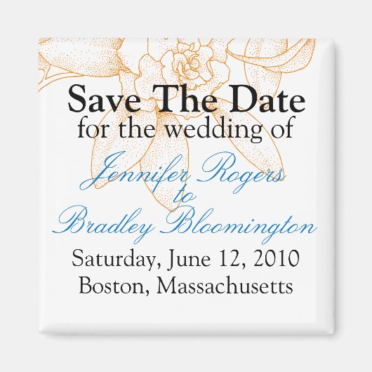 Oranje Floral redt de datum van het huwelijk. Magneet (Voorkant)