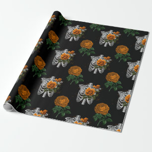Oranje Floral Skeleton Torsos op Black Cadeaupapier