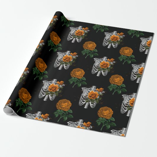 Oranje Floral Skeleton Torsos op Black Cadeaupapier (Uitgerold)