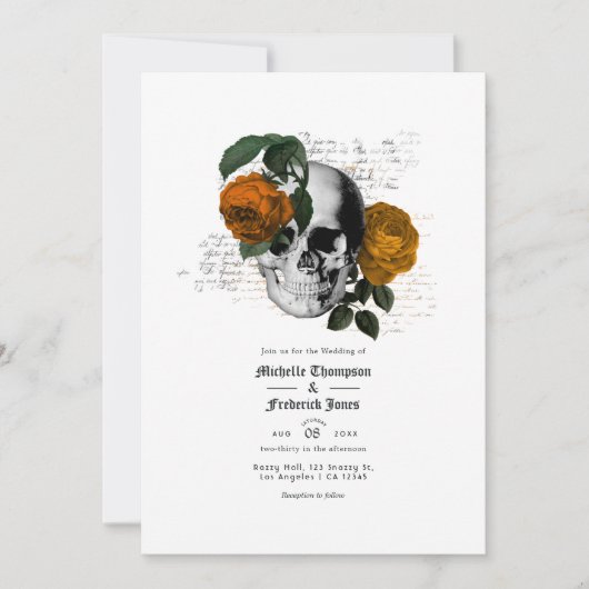 Oranje Floral Skull Gothic Wedding Invitation Kaart (Voorkant)