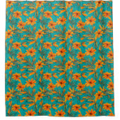 Oranje Floral Tropical Pattern Turquoise Douchegordijn (Voorkant)