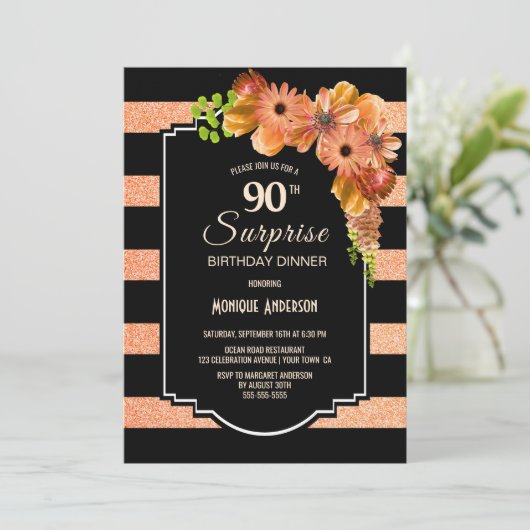 Oranje Floral verrassingsfeest 90e verjaardag Kaart (Staand voorkant)