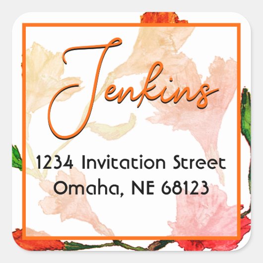 Oranje Floral Waterverf Square Sticker (Voorkant)