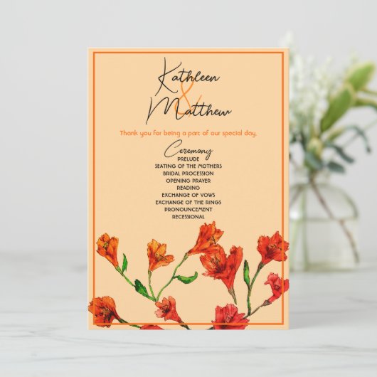 Oranje Floral Waterverf Wedding Programmakaart (Staand voorkant)