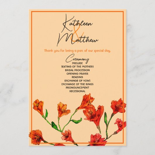 Oranje Floral Waterverf Wedding Programmakaart (Voorkant)