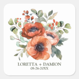 Oranje Floral Wedding Vierkante Sticker