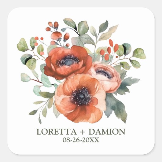 Oranje Floral Wedding Vierkante Sticker (Voorkant)