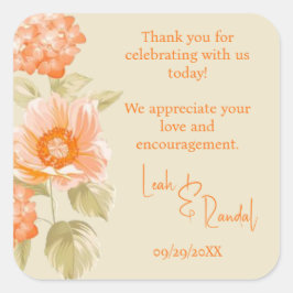 Oranje Floral Wedding Vierkante Sticker