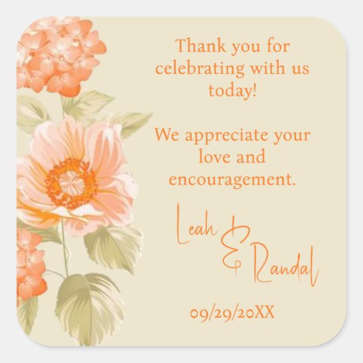 Oranje Floral Wedding Vierkante Sticker (Voorkant)